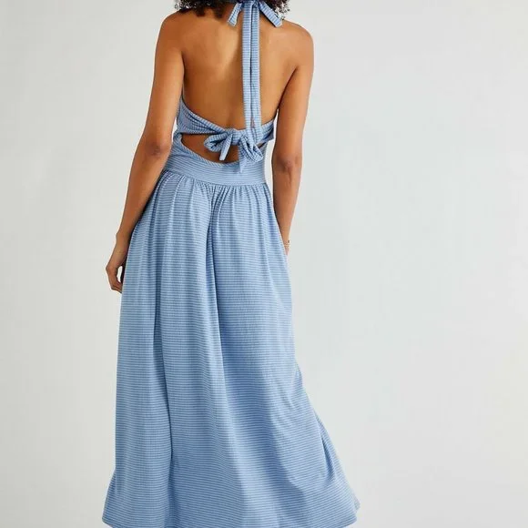 NWT Free People Nina Halter Maxi Dress Button Striped Blue Size Large H12299 - Picture 12 of 12